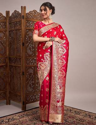 Red woven design zari satin banarasi saree 1
