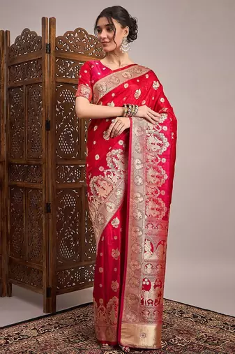 Red woven design zari satin banarasi saree