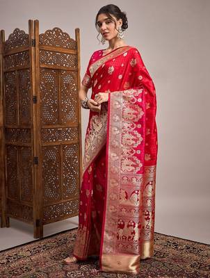 Red woven design zari satin banarasi saree 2