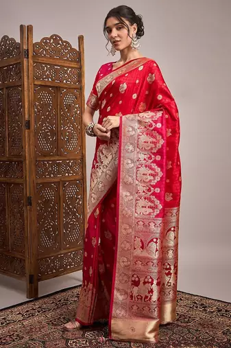 Red woven design zari satin banarasi saree