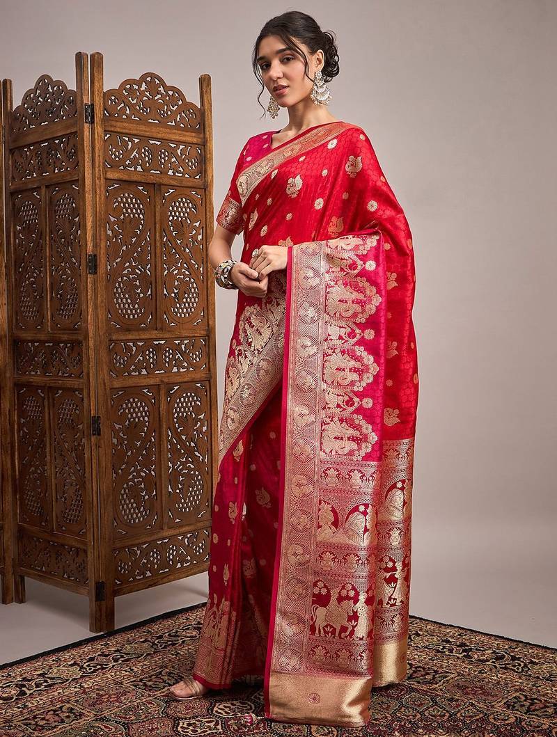 Red woven design zari satin banarasi saree