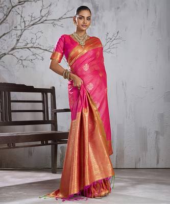rani pink banarasi silk blend saree with gold border for women festive wedding traditional wear 4