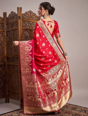 Red woven design zari satin banarasi saree 3