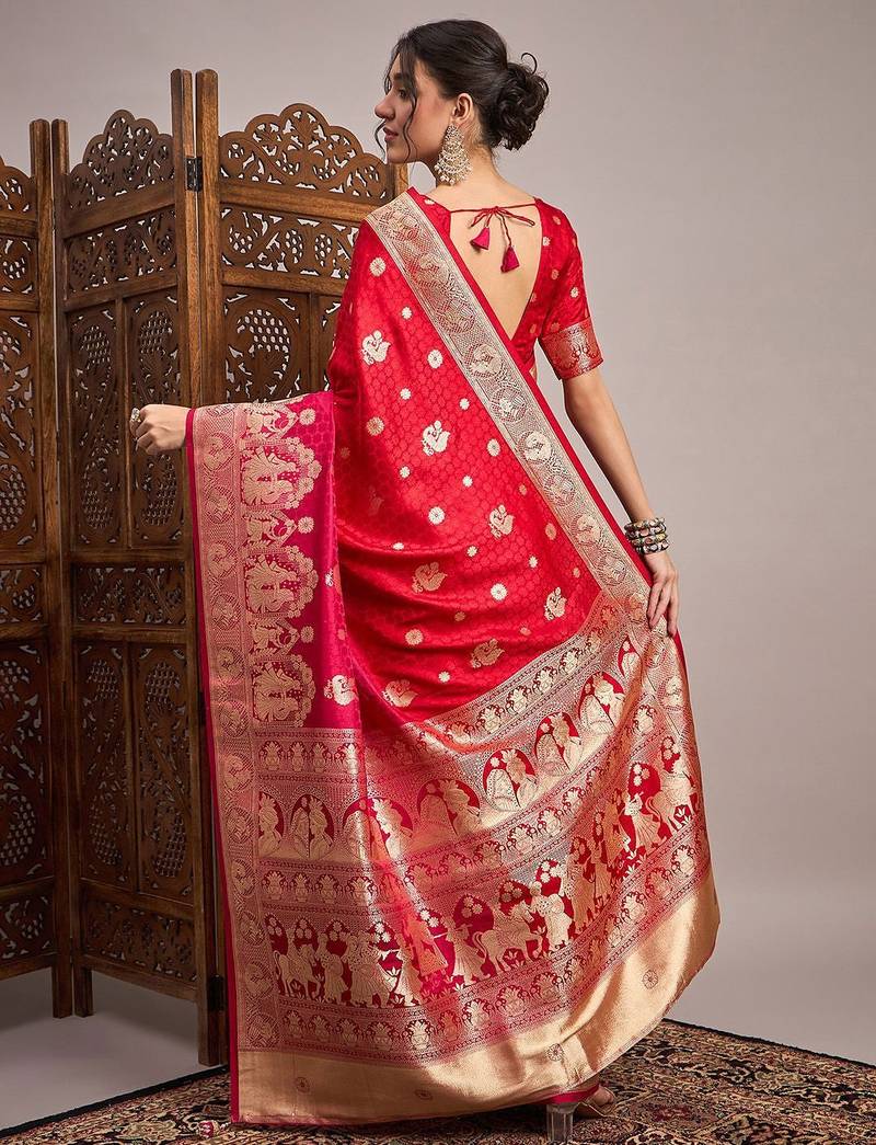 Red woven design zari satin banarasi saree