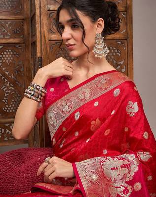 Red woven design zari satin banarasi saree 4