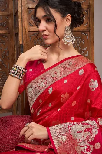 Red woven design zari satin banarasi saree