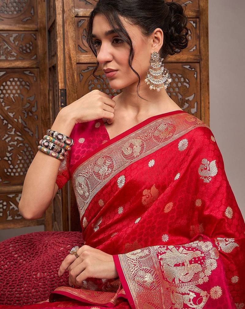 Red woven design zari satin banarasi saree