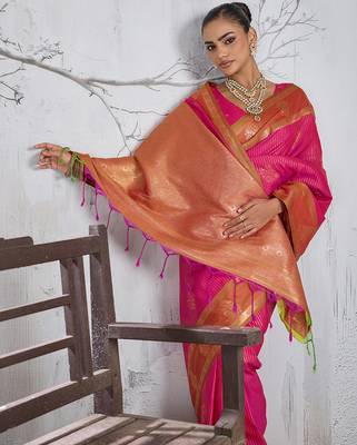 rani pink banarasi silk blend saree with gold border for women festive wedding traditional wear 5