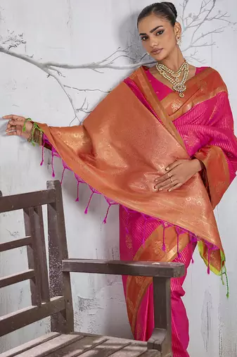 rani pink banarasi silk blend saree with gold border for women festive wedding traditional wear