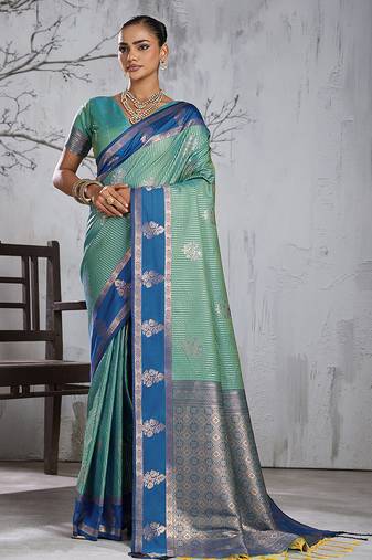 sky blue banarasi silk blend saree with navy blue border women festive wedding traditional wear