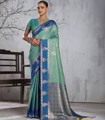 sky blue banarasi silk blend saree with navy blue border women festive wedding traditional wear