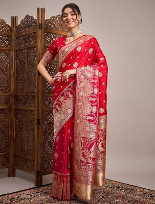 Red woven design satin banarasi zari saree 1
