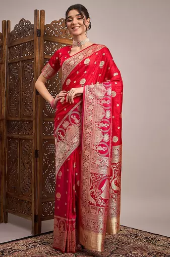 Red woven design satin banarasi zari saree
