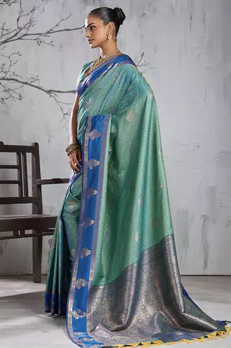 sky blue banarasi silk blend saree with navy blue border women festive wedding traditional wear