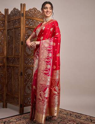 Red woven design satin banarasi zari saree 2