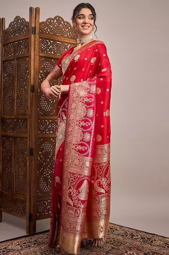 Red woven design satin banarasi zari saree