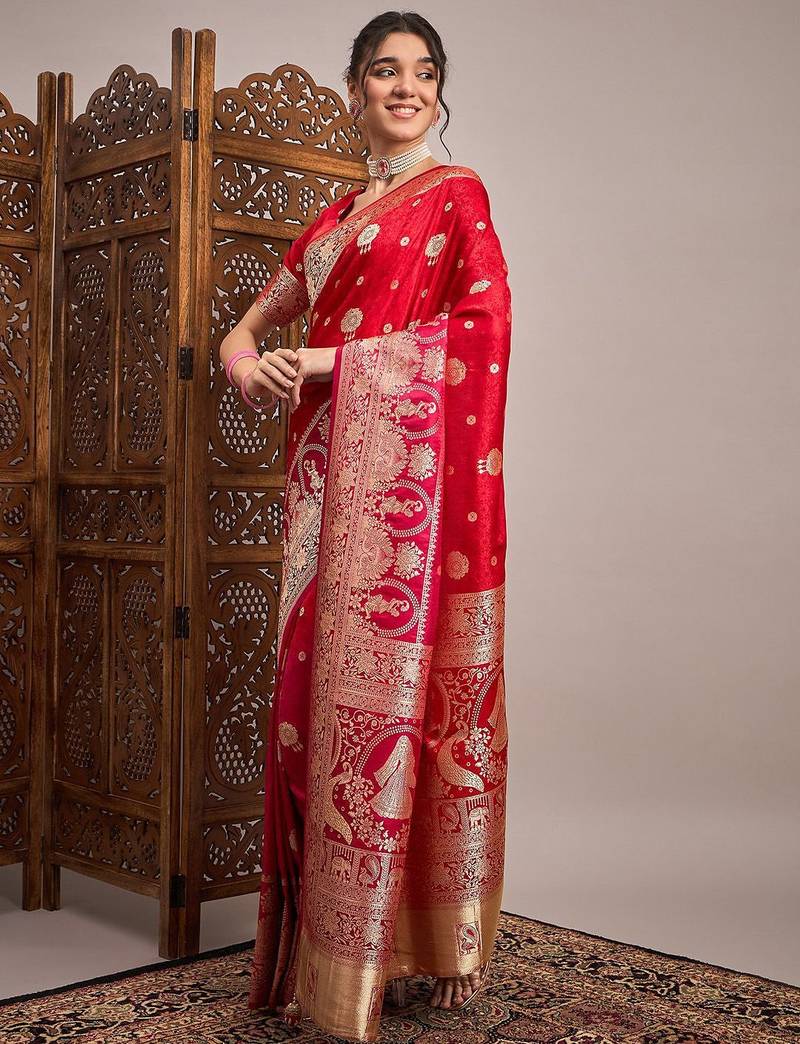 Red woven design satin banarasi zari saree