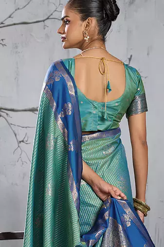 sky blue banarasi silk blend saree with navy blue border women festive wedding traditional wear