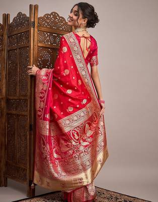 Red woven design satin banarasi zari saree 3