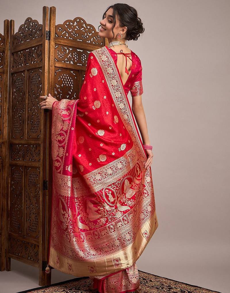 Red woven design satin banarasi zari saree