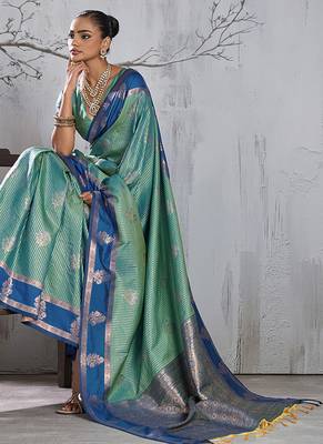 sky blue banarasi silk blend saree with navy blue border women festive wedding traditional wear 4