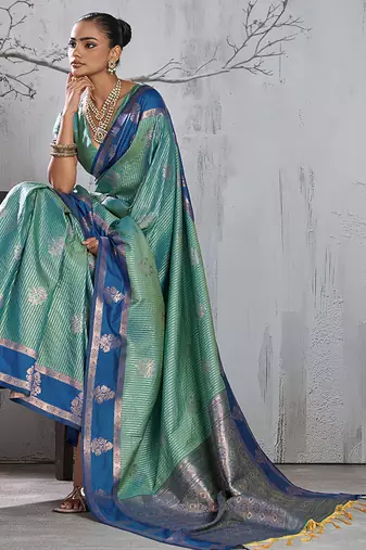 sky blue banarasi silk blend saree with navy blue border women festive wedding traditional wear