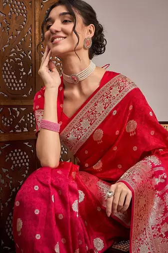 Red woven design satin banarasi zari saree