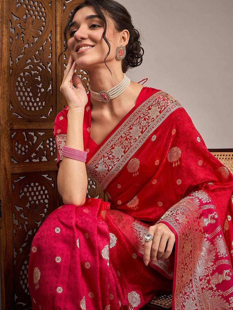 Red woven design satin banarasi zari saree