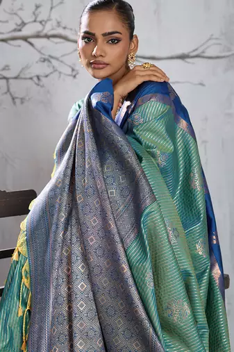 sky blue banarasi silk blend saree with navy blue border women festive wedding traditional wear