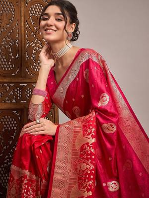 Pink woven design zari satin banarasi saree 1