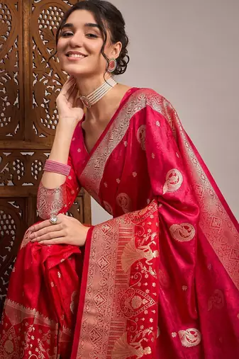 Pink woven design zari satin banarasi saree