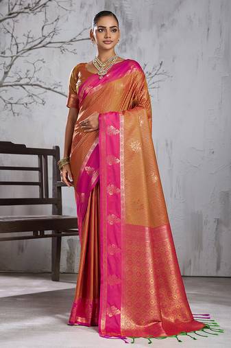 rust banarasi silk blend saree with rani pink border for women festive wedding traditional wear
