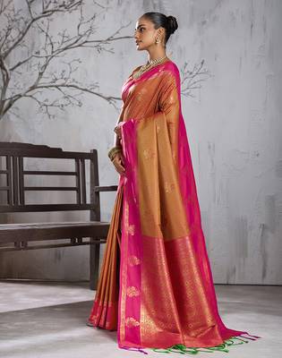 rust banarasi silk blend saree with rani pink border for women festive wedding traditional wear 2