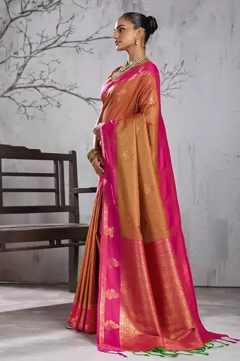 rust banarasi silk blend saree with rani pink border for women festive wedding traditional wear