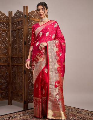 Pink woven design zari satin banarasi saree 2