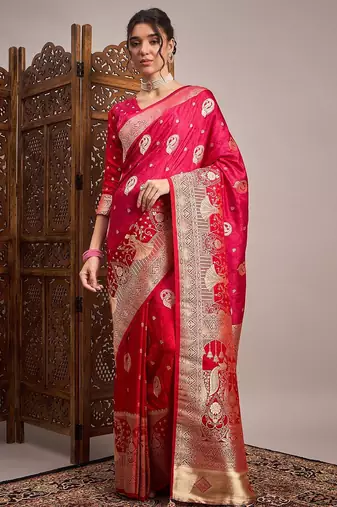 Pink woven design zari satin banarasi saree