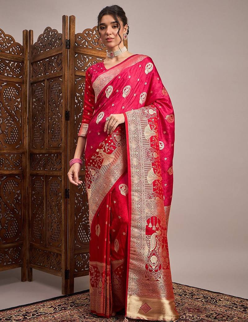Pink woven design zari satin banarasi saree
