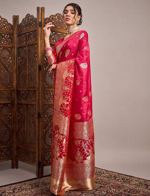 Pink woven design zari satin banarasi saree 3
