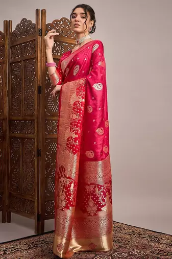 Pink woven design zari satin banarasi saree
