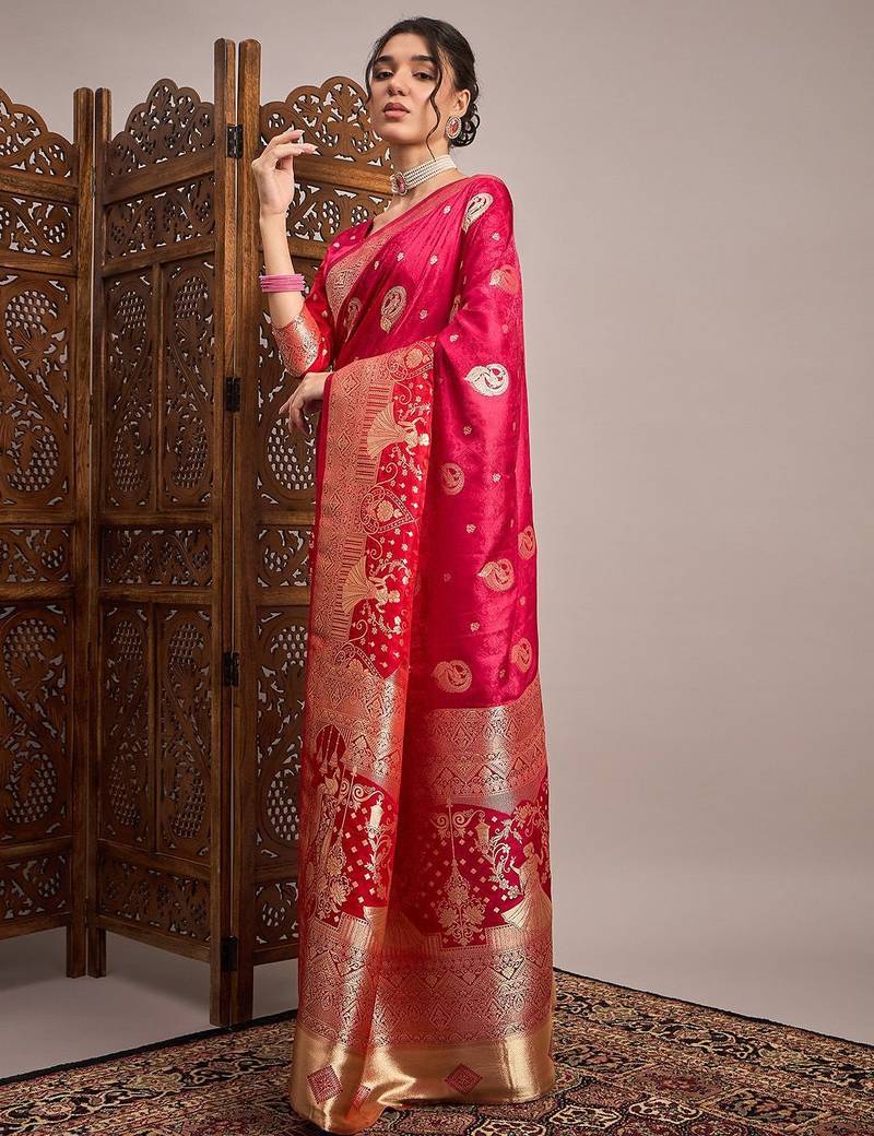 Pink woven design zari satin banarasi saree