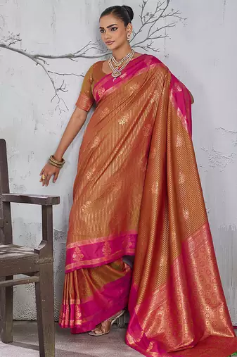 rust banarasi silk blend saree with rani pink border for women festive wedding traditional wear