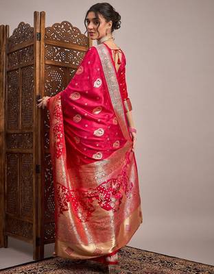 Pink woven design zari satin banarasi saree 4