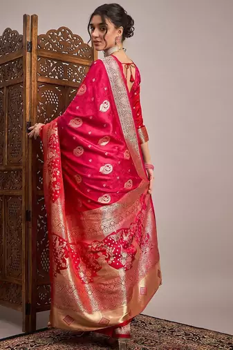 Pink woven design zari satin banarasi saree