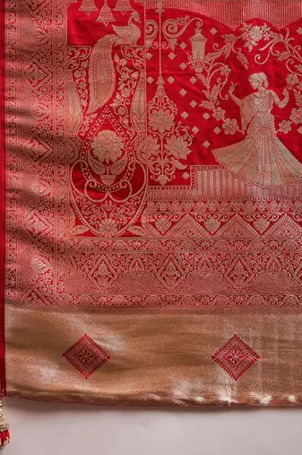Pink woven design zari satin banarasi saree