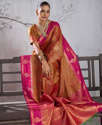 rust banarasi silk blend saree with rani pink border for women festive wedding traditional wear 5