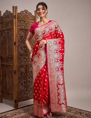 Red woven design zari satin banarasi saree 1