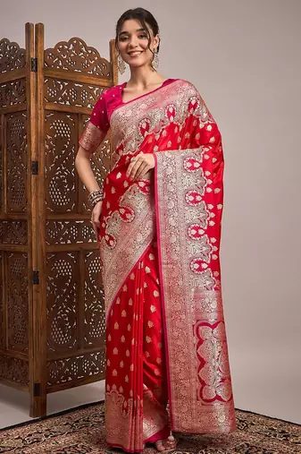 Red woven design zari satin banarasi saree