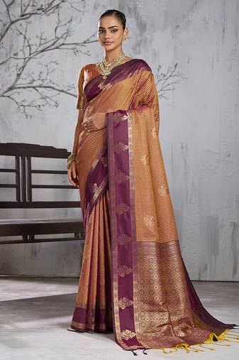 gold banarasi silk blend saree with wine border for women festive wedding traditional party wear