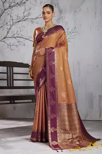 gold banarasi silk blend saree with wine border for women festive wedding traditional party wear