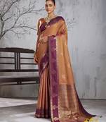 gold banarasi silk blend saree with wine border for women festive wedding traditional party wear